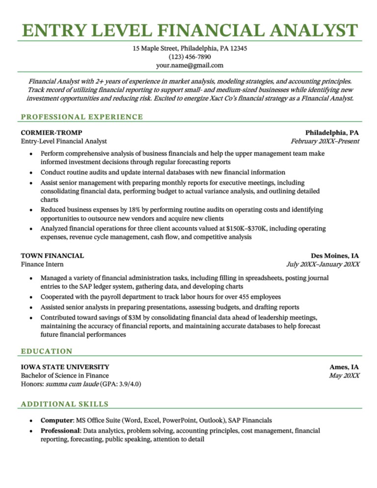 entry level finance resume reddit