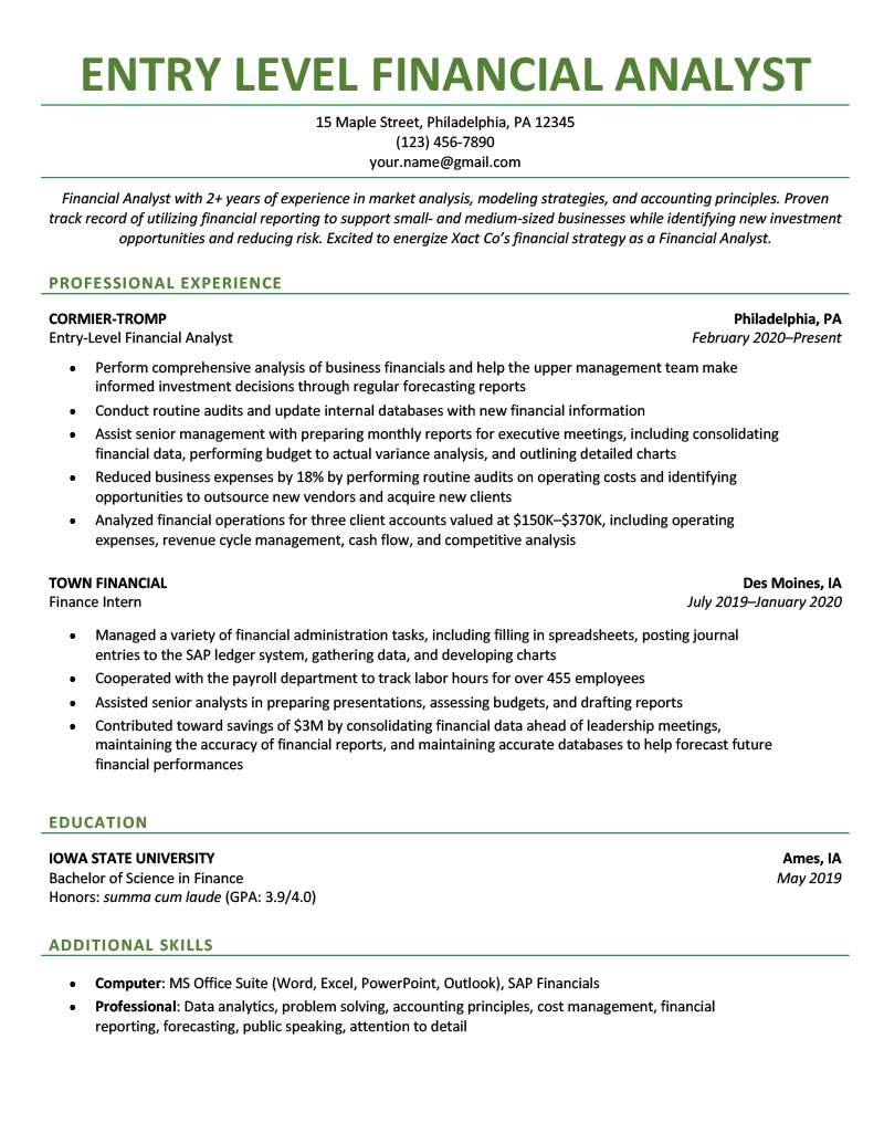 An entry level financial analyst resume sample with green and black text