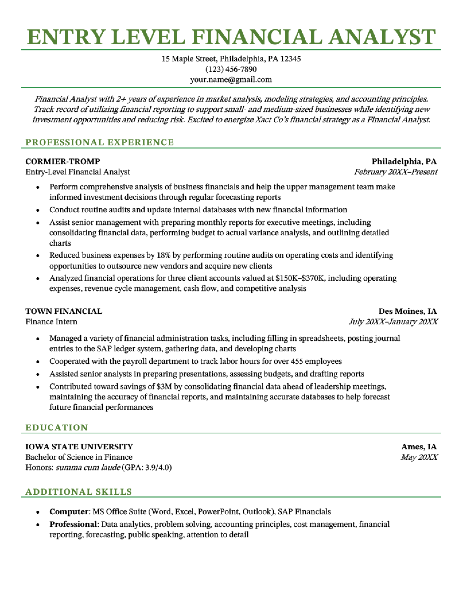 Entry Level Financial Analyst Resume   Entry Level Financial Analyst Resume Sample 