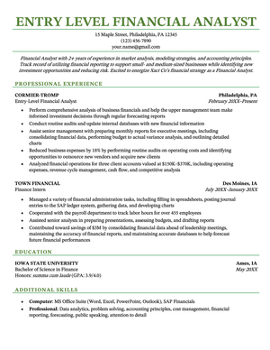 An entry level financial analyst resume sample with green and black text
