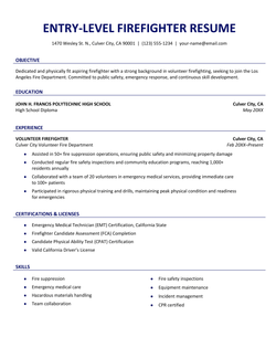 An entry-level firefighter resume example.