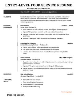An example of a resume for a food service position by a candidate with no experience.
