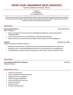 An image of an example resume for a Fragrance Sales Associate.