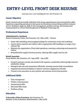 An example resume for an entry-level front desk position.