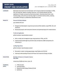 An example of a resume for a front-end developer job by someone with no experience.