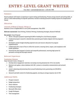 Entry-level grant writer resume example and template