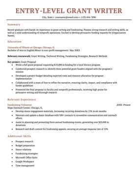 Entry-level grant writer resume example and template