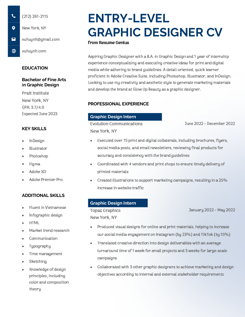 An example of how an entry level graphic designer formatted their CV using a template with a blue gradient background and navy blue header accents