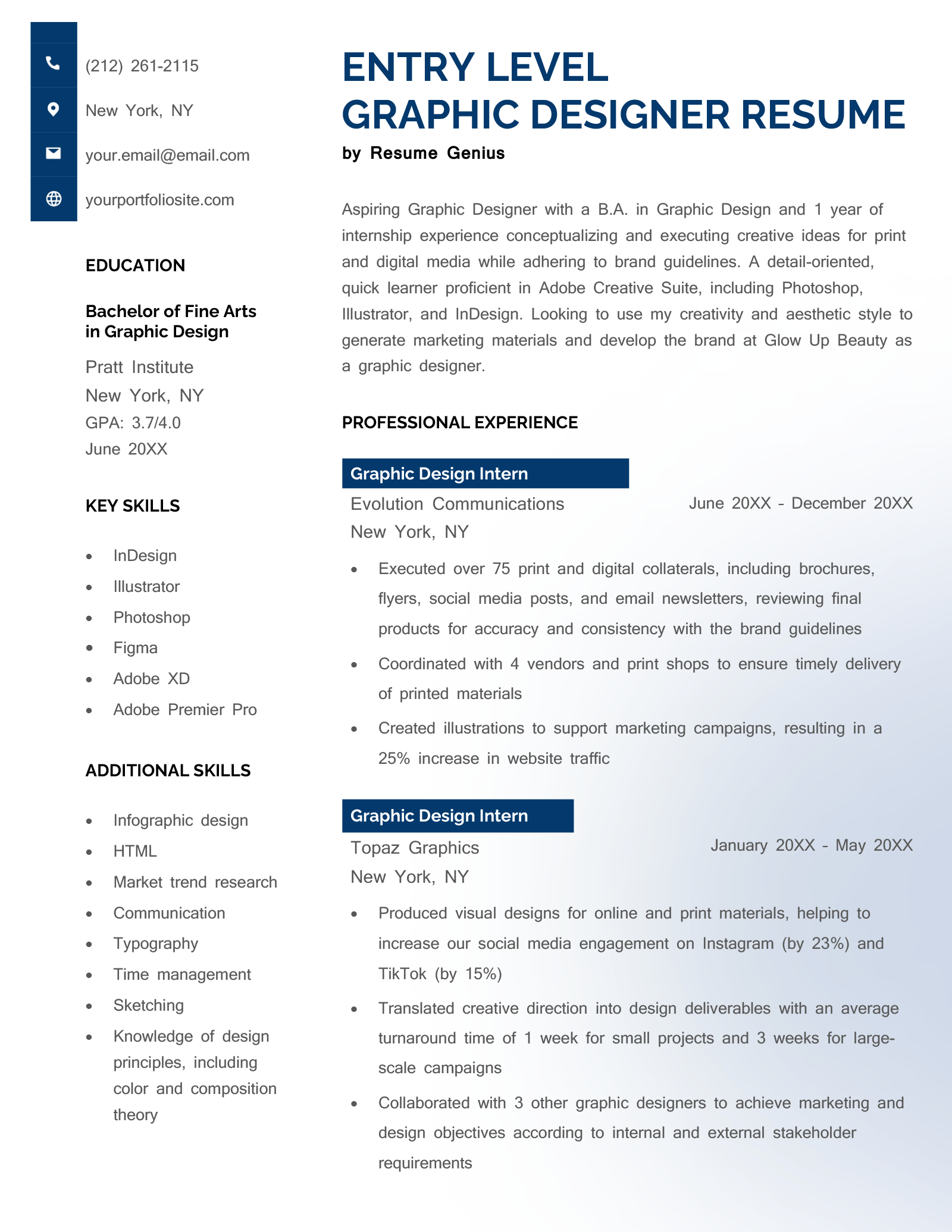 Resume template example for an entry-level graphic designer