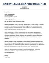 An entry-level graphic designer cover letter using a template with a blue header.