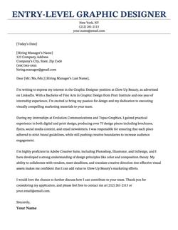 An entry-level graphic designer cover letter using a template with a blue header.