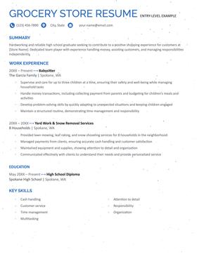 Entry-level grocery store cashier resume example and template