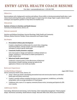 Entry-level health coach resume example and template