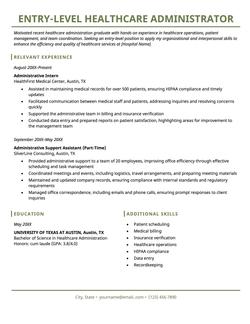 Entry-level healthcare administration resume example and template