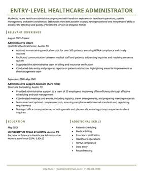 Entry-level healthcare administration resume example and template
