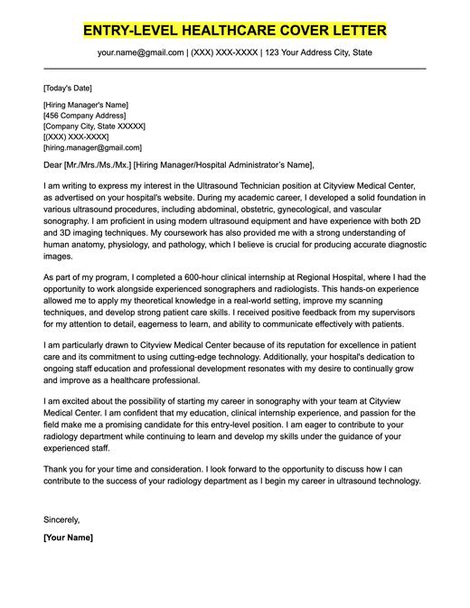 An example cover letter for an entry-level healthcare professional.