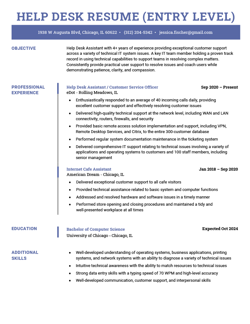 A resume example for an entry level help desk position featuring a blue header and sidebar showing the duration of professional experience