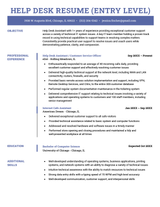 A resume example for an entry level help desk position featuring a blue header and sidebar showing the duration of professional experience