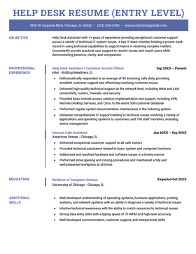 A resume example for an entry level help desk position featuring a blue header and sidebar showing the duration of professional experience
