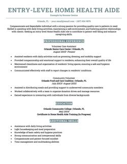 Entry-level home health aide resume example and template