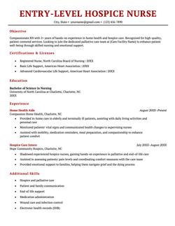 Entry-level hospice nurse resume example and template