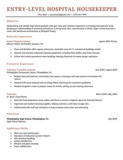 Entry-level hospital housekeeper resume example and template