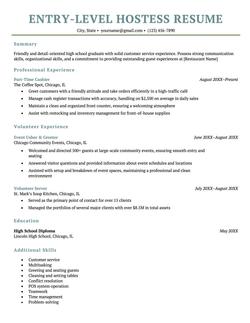 Entry Level Hostess Resume Example and Template