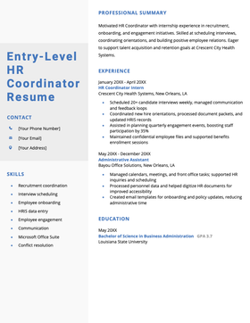Entry-level HR coordinator resume example with columns and blue highlights