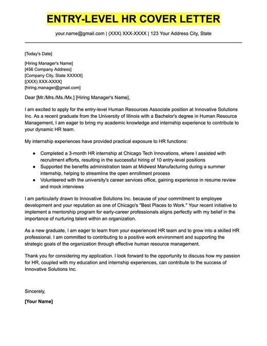 An example cover letter for an entry-level HR position.