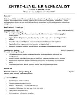 Entry-level HR Generalist resume example and template