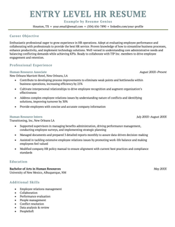 An entry level HR resume sample with a gray header and sections for the applicant's career objective, professional experience, contact information, education, and relevant skills