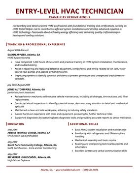 Entry-level hvac resume example and template