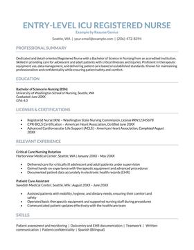 An example resume for an entry-level ICU nurse position.