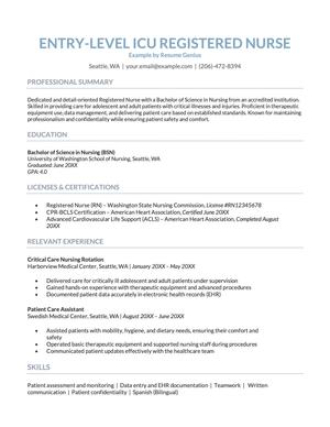 An example resume for an entry-level ICU nurse position.