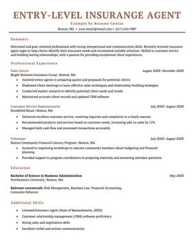 Entry-level insurance agent resume example and template