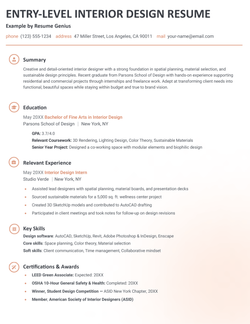An entry-level interior design resume example.