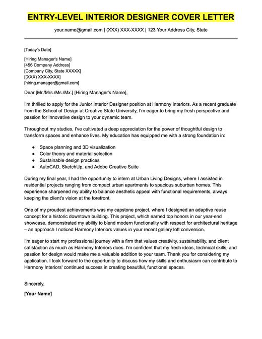 An example cover letter for an entry-level interior design position.