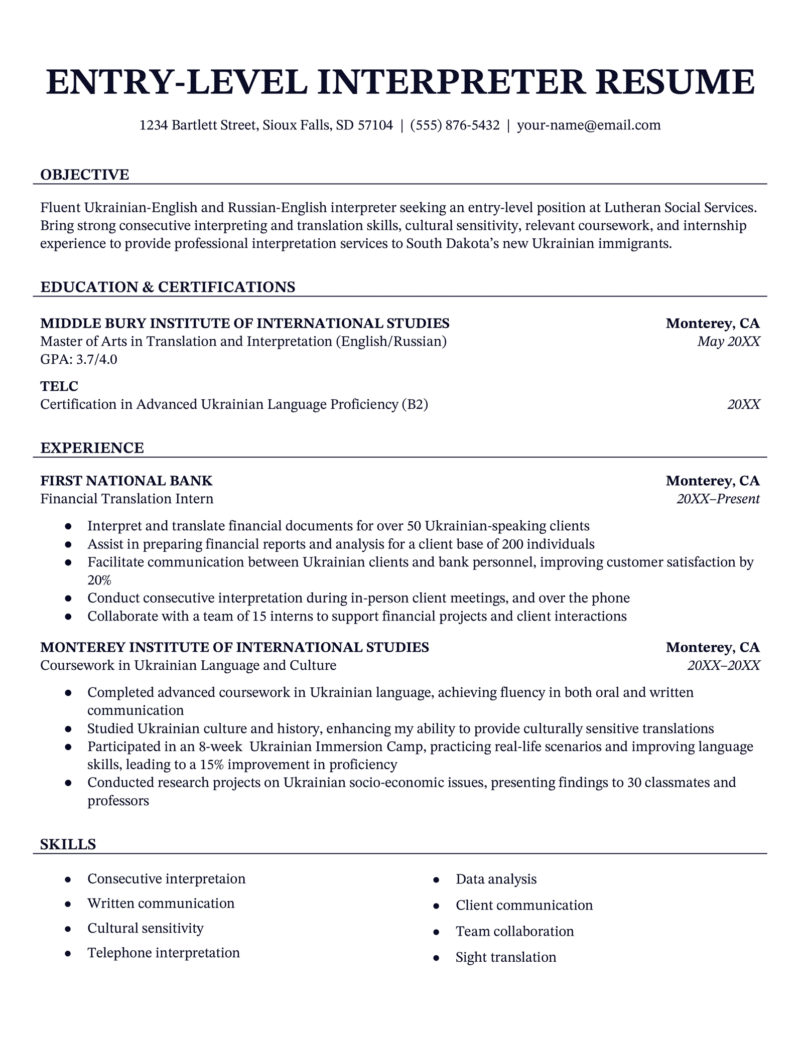 An entry-level interpreter resume example.