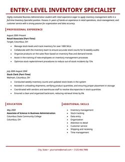 An example resume for an entry-level inventory specialist.