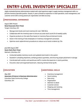 An example resume for an entry-level inventory specialist.