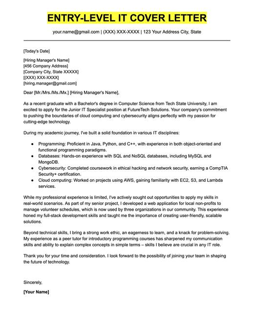 An example cover letter for an entry-level IT position.