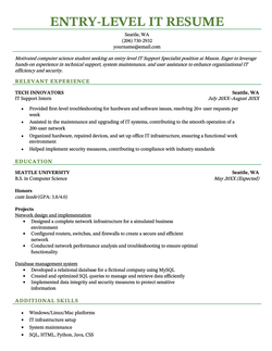 An IT resume example for an entry-level applicant.