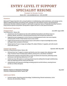 Entry-level IT Support Specialist resume example and template