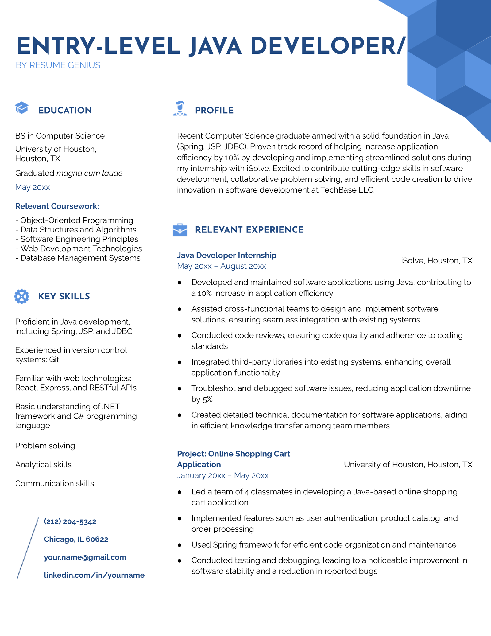 Example of an entry-level Java developer resume using the Current template in blue with an extended education section and &quot;Relevant Experience&quot; section showcasing the candidate