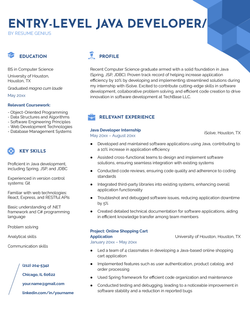 Example of an entry-level Java developer resume using the Current template in blue with an extended education section and "Relevant Experience" section showcasing the candidate's internship and project experience.