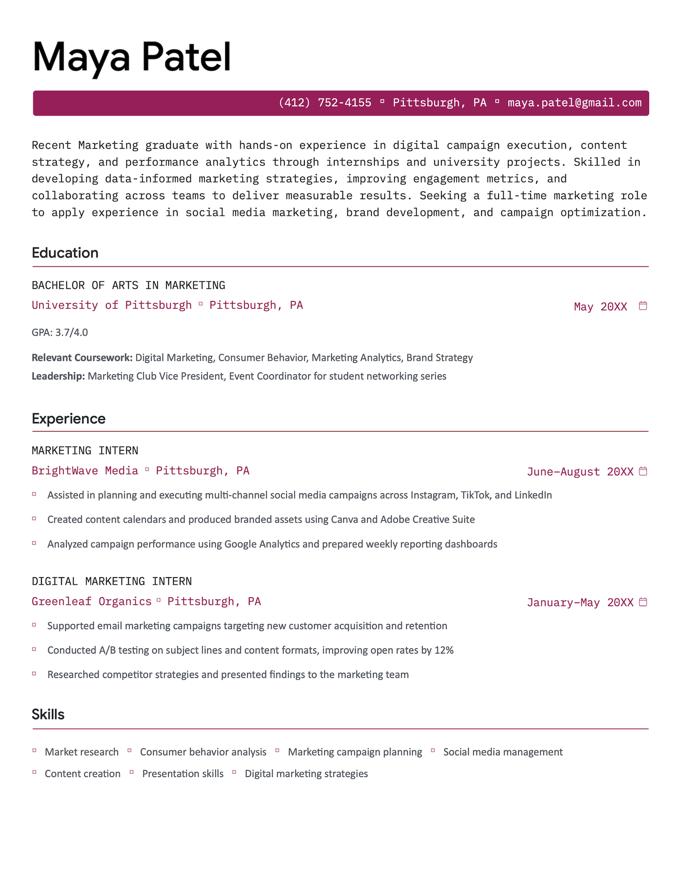 A resume example for a recent grad applying for an entry-level job.