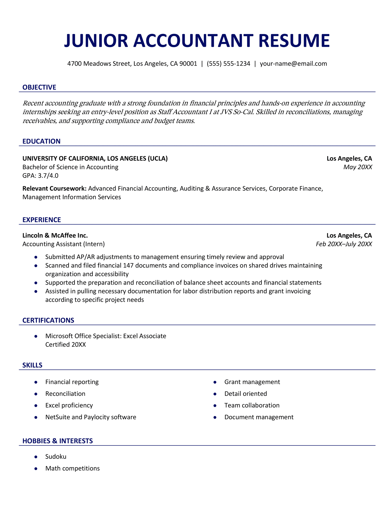 A junior accountant resume example for someone seeking an entry-level role in the accountancy field.