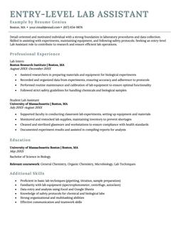 Example of an entry level lab assistant resume