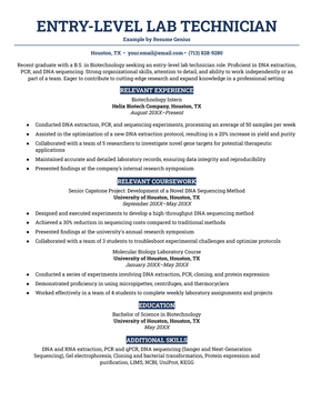 Entry level lab technician resume example and template