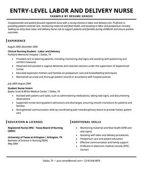 Entry level labor and delivery nurse resume example